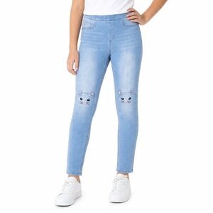 HM Girls Cat Face Knee Embroidery Jeggings Light Wash Blue Denim Size 14Y+